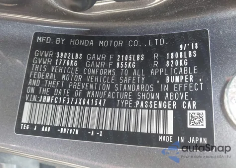 2018 Honda Civic Ex-T from USA, damaged, VIN JHMFC1F37JX041547